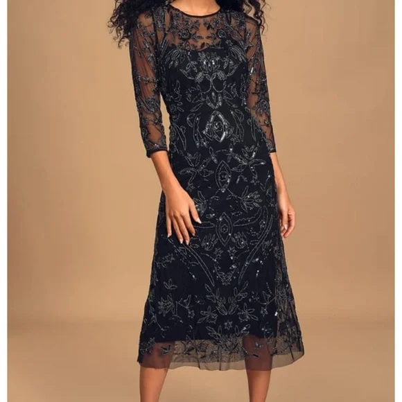 Black Multi Beaded Midi Dress Fancy Modest Fancy Wedding Engagement Guest Dress | Color: Black | Size: M